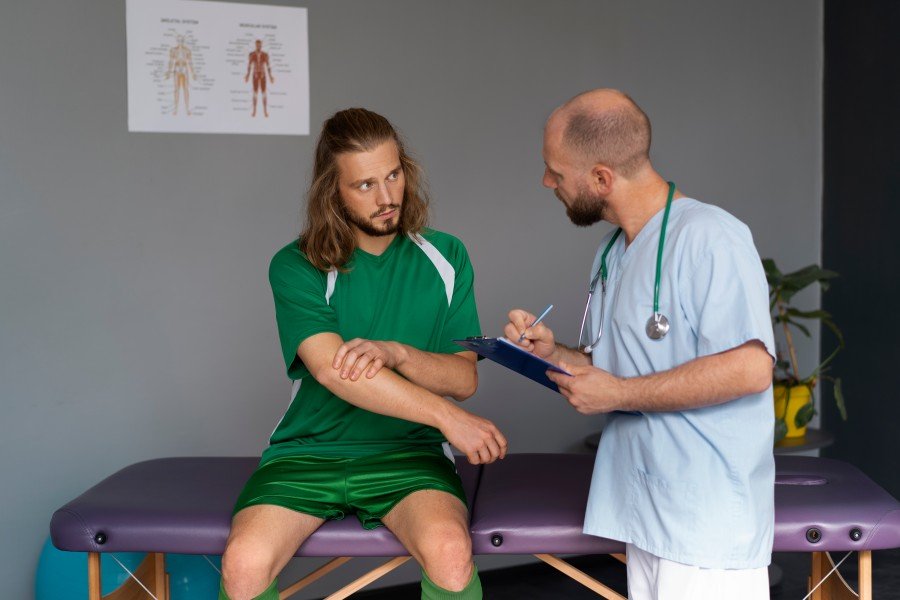 Physiotherapist assessing an athlete's arm injury during a personalized rehabilitation consultation at a physiotherapy clinic.