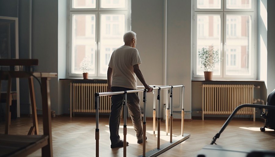 Elderly patient practicing assisted walking exercises with parallel bars at a rehabilitation center under physiotherapy supervision.