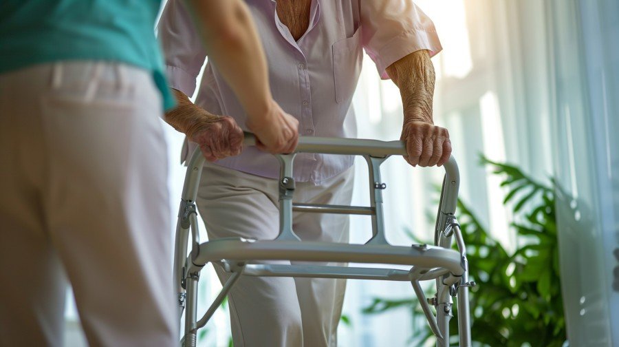 Physiotherapist assisting an older adult with a walker during home care